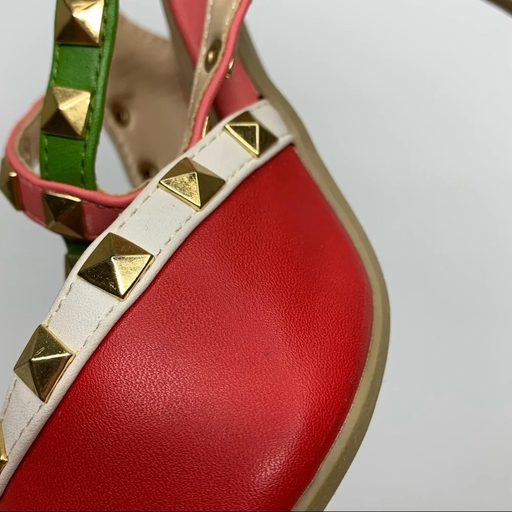Wild Diva Lounge Red Pink Green White Colorblock Gold Studded T-Strap High Heels